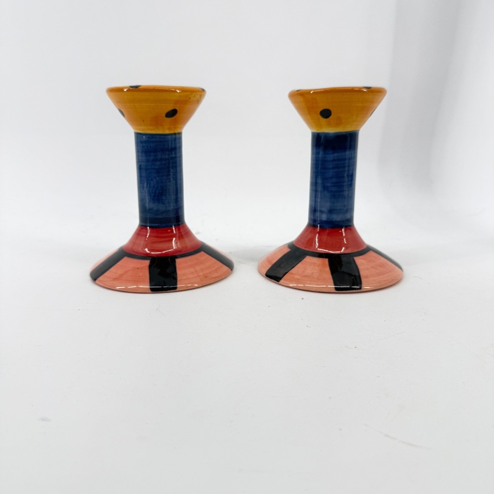 Vicki Carroll Candle Holders Pair OS Multicolor Hand Painted Studio Pottery 1997